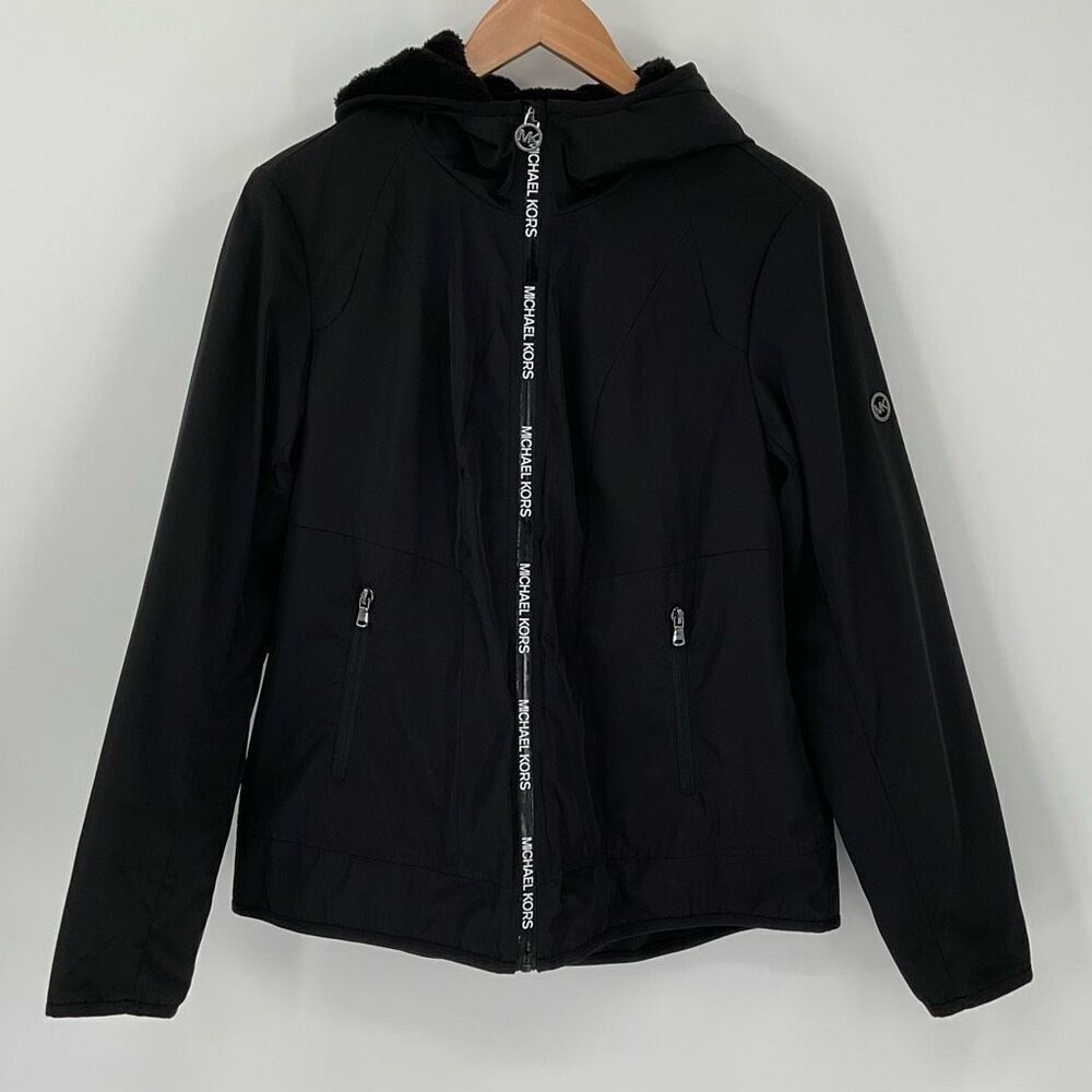 Michael Kors‎ Fleece Lined Hooded Zip Up Jacket Women Medium Black Pockets Warm